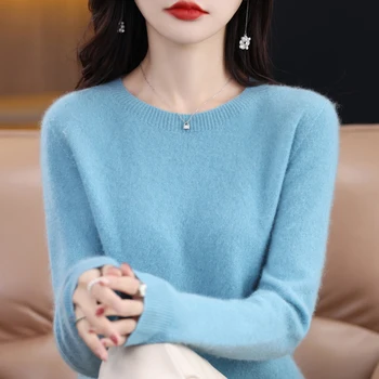 Женский свитер из 100% чистой шерсти, вязаный пуловер с круглым вырезом, кашемировая подкладка с длинным рукавом, модный женский топ корейского кроя
