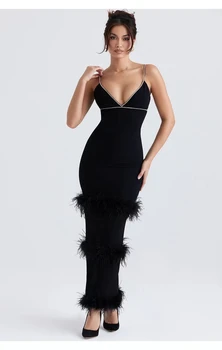 Женское черное бандажное платье на бретельках с V-образным вырезом и кисточками оптом от фабрики, сексуальное бандажное платье для коктейльной вечеринки знаменитостей в бутике