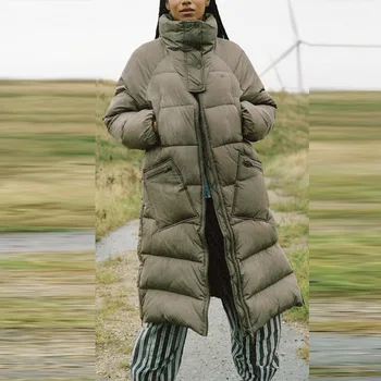 Зимнее скандинавское простое длинное пальто на молнии хлопчатобумажная куртка теплый хлебный костюм женская шляпа 90 белый утиный пух пуховик