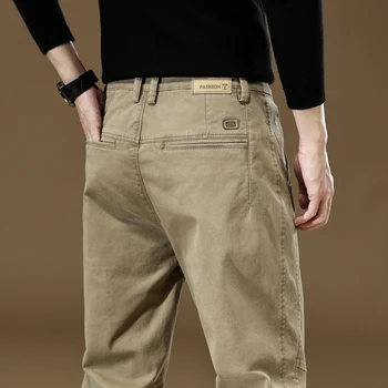 Зимние осенние мужские хлопчатобумажные повседневные брюки, обычные прямые темно-серые деловые брюки цвета хаки, новые мужские брюки высокого качества