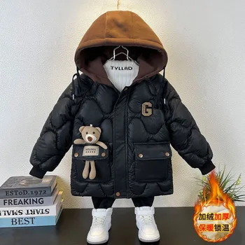 Зимняя детская куртка для мальчиков с теплой флисовой подкладкой, детская одежда с капюшоном, кукла-медведь, пальто для малышей, старая черная верхняя одежда и пальто цвета хаки