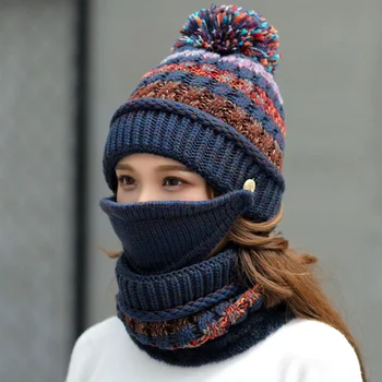 Зимняя женская шапка-маска, шапка для девочек, шарф, толстая теплая флисовая вязаная шапка, шарф, комплект из 3 шт., женские лыжные шапки для верховой езды,