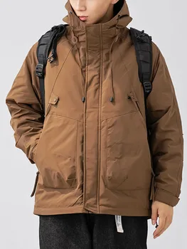 Зимняя куртка-карго 2023, мужская однотонная пуховая куртка с капюшоном и большим карманом, мужская Ретро однотонная теплая ветровка на открытом воздухе, пуховики