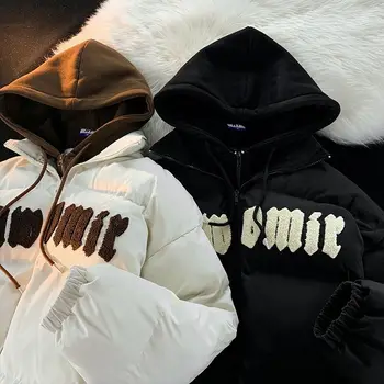 Зимняя куртка с капюшоном в корейском стиле, вышитая буквами, женская, ретро свободная, оверсайз, нишевый дизайн, хлопковое пальто с капюшоном для пары