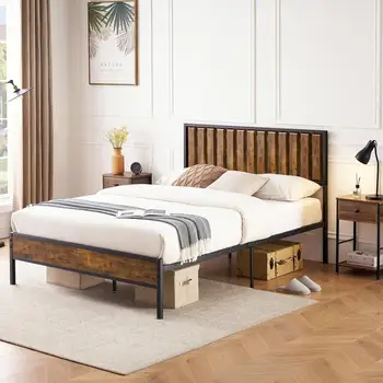 Каркас кровати с деревянным изголовьем, платформа металлической кровати, Бесшумный каркас, Пружинный блок не требуется, Мебель для спальни
