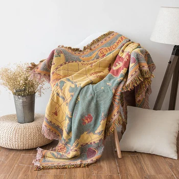 Карта мира Хлопчатобумажные Богемные пледы, домашнее одеяло, вязаное пылезащитное покрывало для дивана, одеяло, противоскользящие декоративные одеяла для чайного столика