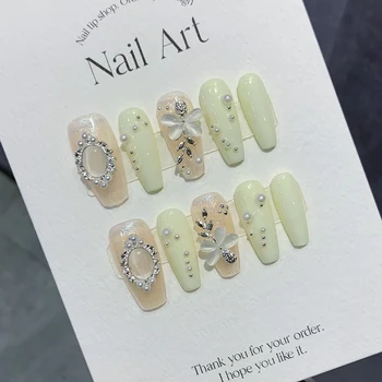 Корейская печать на ногтях ручной работы, длинный нежный дизайн в виде сказочных цветов, Многоразовые накладные ногти, полное покрытие кончиков ногтей для девочек