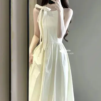 Корейское Белое платье Для женщин с Милым галстуком-бабочкой на шее, Без рукавов, Кружевные платья средней длины в стиле пэчворк, Длинная Летняя юбка