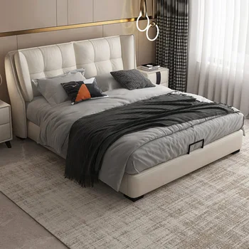 Кровать из натуральной кожи в главной спальне, современная минималистичная 1,8-метровая двуспальная кровать в спальне, свадебная кровать для хранения вещей, кровать из скандинавской кожи