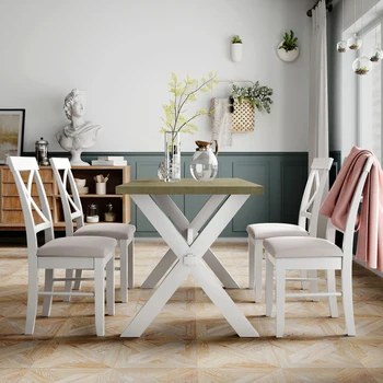 Кухонный обеденный стол из деревенского дерева в деревенском стиле с 4 мягкими стульями с откидной спинкой, серо-зеленый + белый + бежевый