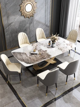 Легкий роскошный обеденный стол на каменной плите и стул, сочетание современного простого прямоугольного обеденного стола, мраморный квадратный стол