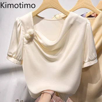 Летние рубашки Kimotimo 2023, женские рубашки с квадратным воротником, складками, блузка с объемным цветком, короткий рукав, Корейские модные тонкие шикарные топы