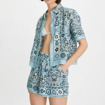 Летняя женская повседневная рубашка/Шорты в этническом стиле с принтом из льна 2023 года.