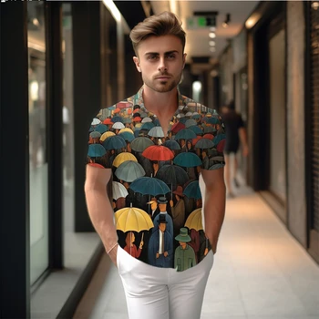 Летняя новая мужская рубашка с зонтиком и 3D принтом, мужская рубашка в повседневном стиле, модная мужская рубашка, высококачественная уличная мужская рубашка.
