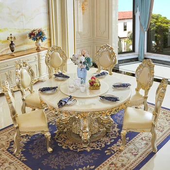 Мебель для столовой Европейский мраморный круглый обеденный стол комбинация стульев вилла с полной резьбой по дереву большой обеденный стол золотого цвета