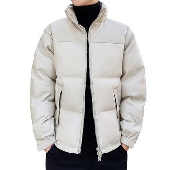 Модная мужская куртка из искусственной кожи с хлопчатобумажной подкладкой и воротником-стойкой, приталенное зимнее пальто, мужская парка, утепленная куртка-пуховик, мужская куртка-пуховик