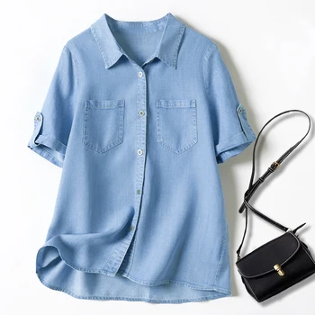 Модная Свободная блузка с однобортным карманом, повседневная тонкая джинсовая рубашка с коротким рукавом 2023, Летние Топы с отложным воротником, Блузы 27757