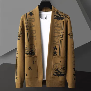 Модный брендовый мужской кардиган с карманной вязаной шалью, весна и осень 2023, Новый повседневный жаккардовый свитер с драконом, высококачественное пальто