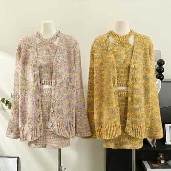 Модный вязаный свитер хроматического цвета, костюм-тройка, новинка 2023, осенне-зимняя женская одежда, офисный женский комплект с юбкой в корейском стиле