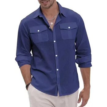 Мужская рубашка Повседневная однотонная рубашка с карманом, свободные топы оверсайз, кардиган с длинным рукавом и пуговицами, уличная одежда, рубашка с отложным воротником