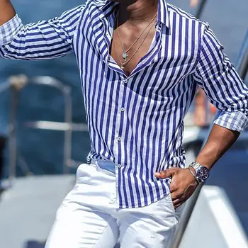 Мужская рубашка, рубашка на пуговицах, повседневная рубашка, летняя рубашка, пляжная одежда с длинным рукавом и полосатым отворотом, Гавайская одежда с принтом для уличных каникул