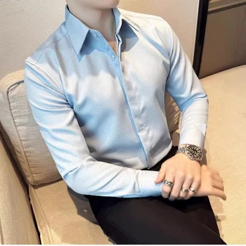 Мужская рубашка с длинным рукавом 2023, осенняя новинка, устойчивая к морщинам, Мягкая, однотонная, повседневная, эластичная, Тонкая, трендовые топы, уличная мужская одежда