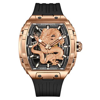 Мужские автоматические часы BONEST GATTI 50 мм, роскошные механические наручные часы Tonneau, водонепроницаемый светящийся ремешок из фторопласта, циферблат в виде дракона