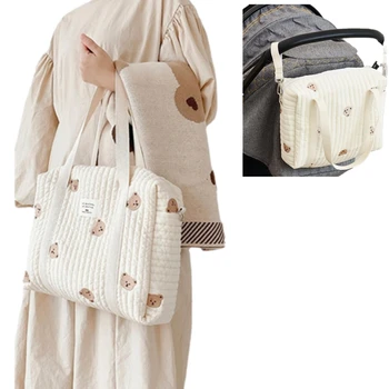 Новая сумка для детской коляски с изображением медведя, новорожденный, бежевая хлопчатобумажная ткань, сумка для подгузников на молнии, сумка для мамы через плечо для путешествий