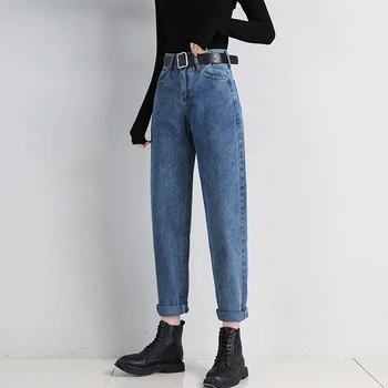 Новые джинсы для мамы, выстиранные хлопковые шаровары, джинсы, Женские Свободные джинсовые брюки с высокой талией, прямые брюки в винтажном стиле BF, джинсы