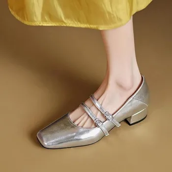 Новые женские туфли Мэри Джейнс с двойной пряжкой, туфли-лодочки с квадратным носком, свадебные туфли на щепке, модельные туфли на среднем каблуке, винтажные Zapatos Mujer