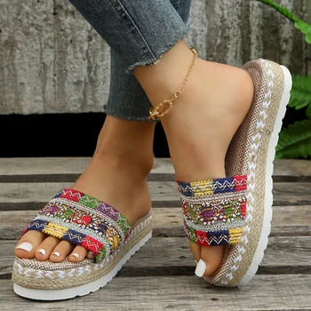 Новые плетеные женские тапочки, летняя обувь на платформе, пляжные повседневные сандалии на каблуке, женские эспадрильи ручной работы в богемном стиле.