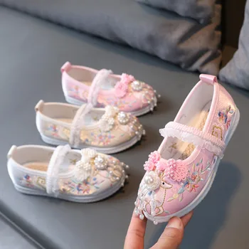Новые туфли ручной работы Hanfu для девочек, детские туфли с вышивкой, детские антикварные костюмы, пасхальные сандалии для девочек, детские туфли на каблуках