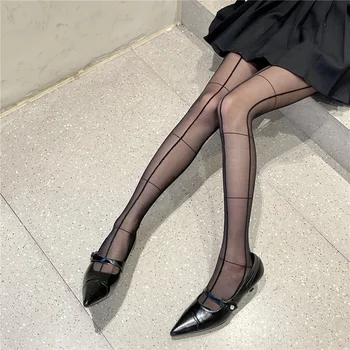 Новые черные шелковые носки с вертикальной линией Женские тонкие сексуальные прозрачные повседневные колготки с перекрестной линией Модные женские колготки для хипстеров