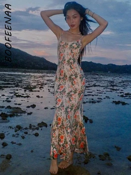 Облегающее платье BOOFEENAA в рубчик с цветочным принтом для отдыха, элегантные сексуальные платья макси на бретельках и без спинки для женщин, курортная одежда C70-CH29