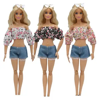 Одежда для куклы Новая, 30 см, 1/6, простые джинсовые шорты с пышными рукавами в цветочек, кружевные Аксессуары для повседневной носки, одежда для куклы Барби