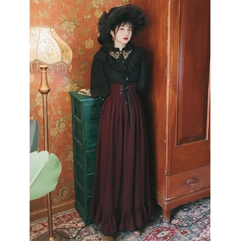 Платье готический британский стиль женские косплей суда рубашка платье костюм Классический черного кружева рябить рубашка с высокой талией женские 