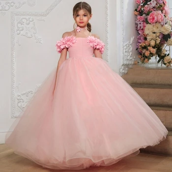Платья для девочек-цветочниц из розового тюля с цветами и лепестками с открытыми плечами для свадьбы, Дня рождения, банкета, платья принцессы