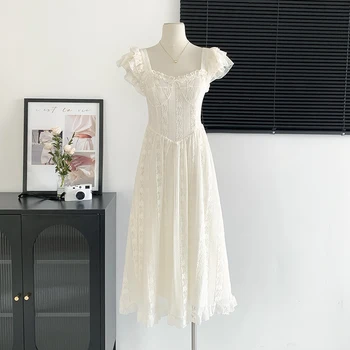 Платья милой феи, летний дизайн с квадратным воротником, белое базовое платье с рукавами-флайслевами для женщин, шикарные элегантные вечерние платья
