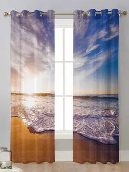 Пляжный закат Природные пейзажи Прозрачные шторы Для окна гостиной Прозрачная вуаль Тюлевая Занавеска Cortinas Шторы для домашнего декора