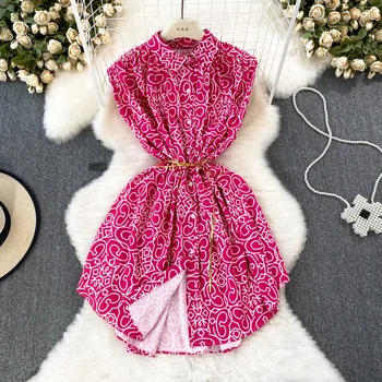 Повседневное Женское Летнее платье-рубашка с цветочным принтом, мода 2023, отложной воротник, без рукавов, однобортное Свободное короткое платье с поясом