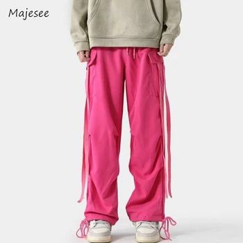 Повседневные брюки, мужские Модные Однотонные брюки с прямой окантовкой по щиколотку, весна-лето, подростковые брюки, простая уличная одежда унисекс в корейском стиле розового цвета