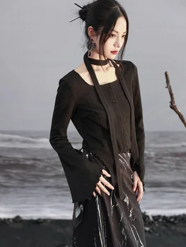 Подарочная лента UMI MAO!! Вязаная женская осенняя рубашка с подкладкой и темными расклешенными рукавами, универсальный нерегулярный топ Femme Y2K