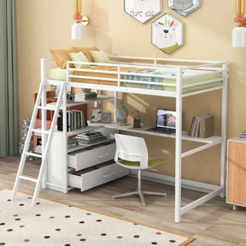 Простая двуспальная кровать-чердак из металла и дерева с письменным столом и полками, Двумя встроенными выдвижными ящиками, Удобная двуспальная кровать, подходящая для детской спальни