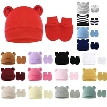 Пуловер с защитой ушей для малышей, детская однотонная хлопчатобумажная шапка, детские осенне-зимние Теплые перчатки с защитой от царапин + Комплект шапок-пуловеров