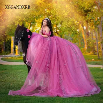Пышные платья из тюля цвета фуксии 2024 Vestidos De 15 Элегантное бальное платье для вечеринки в честь дня рождения принцессы с 3D цветами Sweetheart 16 XV