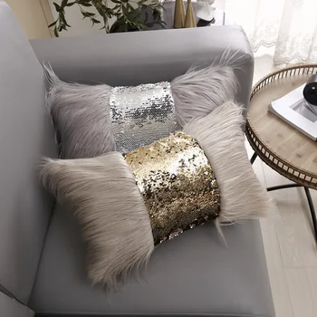 Роскошный меховой чехол с блестками для дивана, декоративная наволочка с блестками для гостиной, Серебристо-золотая декоративная наволочка