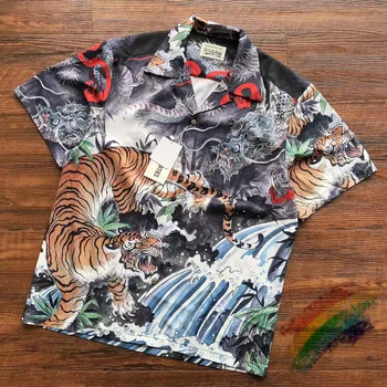 Рубашки Wacko Maria с тигровым принтом, мужские, женские, 1: 1, бирки, Свободная рубашка с лацканами в Гавайском пляжном стиле