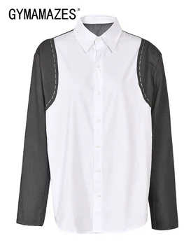 Рубашки хитового цвета GYMAMAZES Для женщин, Однобортная Повседневная Свободная блузка в стиле пэчворк с длинным рукавом, женская модная одежда, Новинка