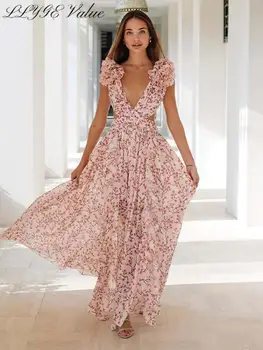 Сексуальное платье с V-образным вырезом и цветочным принтом, женское летнее шифоновое платье с высоким разрезом и открытой спиной, длинные платья для отпуска, Тонкий халат для пляжа