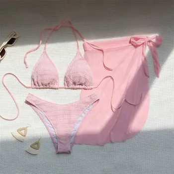 Сексуальный розовый комплект бикини из трех частей, купальники, женский мини-купальник-стринги с сетчатой накидкой, бикини на бретельках, пляжная одежда 2023 Mujer